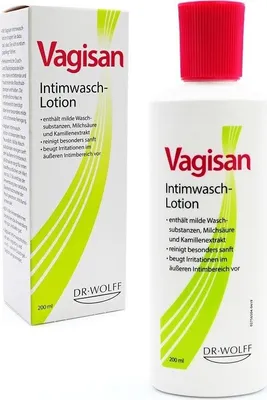 A product shot of a bottle and its packaging for Vagisan Intimwaschlotion.