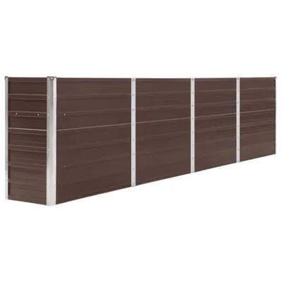 A long, brown raised garden bed with silver metal corner supports, shown against a white background.