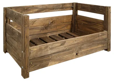 Produktbild von Hundebett aus Massivholz 90x57x45 cm – Braun, Natur oder Geflammt – Optional mit Kissen – Selbstmontage Braun ohne Kissen