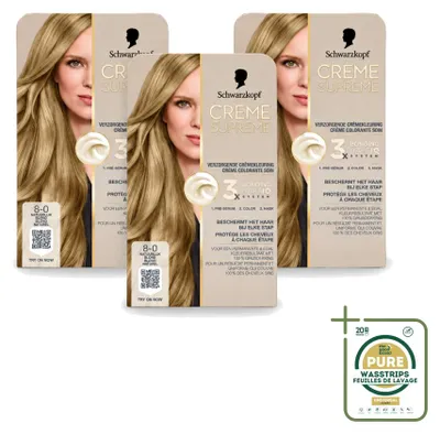 Imagen del producto de 3 unidades de Schwarzkopf Creme Supreme 8-0 Rubio Natural - Tinte permanente para el cabello, 245g - Paquete de suministro