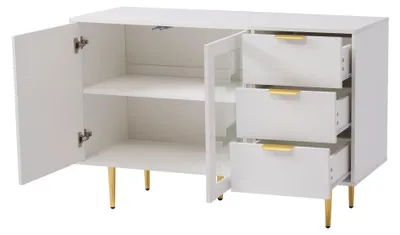 Immagine prodotto di Armadio contenitore - Mobile contenitore - Armadio con cassetti - Armadio con ante in vetro - 120 x 38 x 79,5 cm - Realizzato in MDF con gambe in metallo