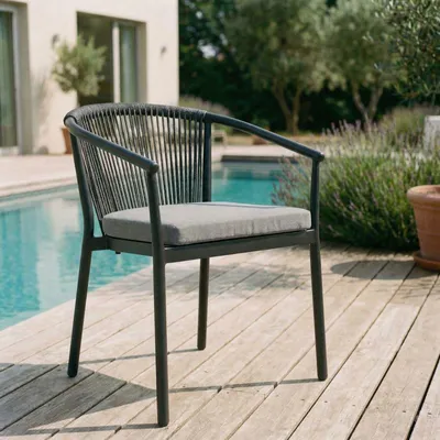Produktbild von Gartenstuhl TAVOLO 6er Set, anthrazit - wetterfestes Aluminiumgestell schwarz mit Rope-Rückenlehne und Sitzkissen, stapelbar pflegeleicht modern Gartensessel Outdoor