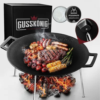 Produktbild von GUSSKÖNIG Gusseisen Grillplatte Ø42cm mit 3 Edelstahl Beinen Pflegepaste