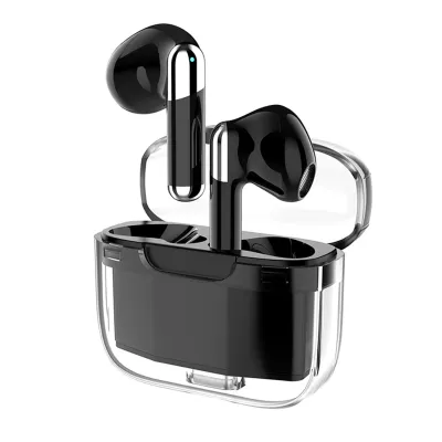 A pair of black wireless earbuds with silver accents are placed inside their transparent charging case. The case is open, revealing the earbuds docked within.