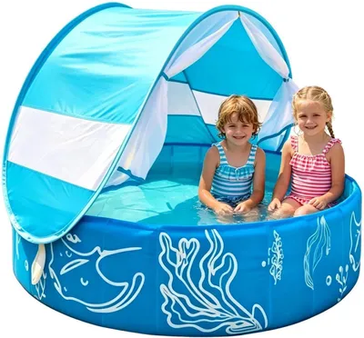 Produktbild von Faltbares Kinderplanschbecken für den Außenbereich mit Sonnenschutz | 120 x 30 cm Pool für Sommer, Terrasse, Reisen und Wasseraktivitäten