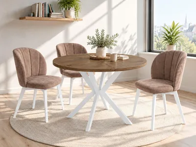 Produktbild von Runder Ausziehbarer Esstisch für 6-10 Personen - Loft Style Tisch mit Weißen Metallbeinen - 90 bis 120 cm - Industrieller Tisch für Wohnzimmer - Spacesaver - Lefkas Eiche - 100 cm