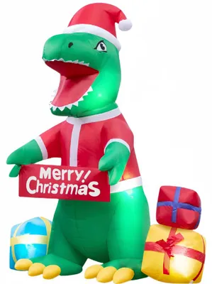 Produktbild von Aufblasbarer Weihnachts-Dinosaurier mit Geschenken, 180 cm, selbstaufblasend mit integrierter Pumpe und LED-Beleuchtung, wasserdicht, für Garten und Innenbereich