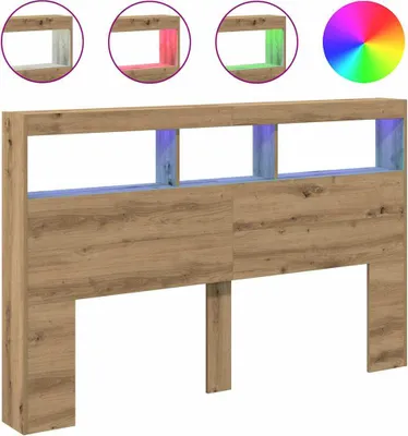 A product image of a wooden headboard with integrated LED lighting.