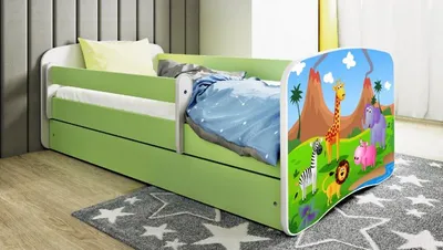 Produktbild von Kinderbett Jugendbett Safari 70x140, 80x160, 80x180 cm - Komplettset mit Matratze, Schublade & Rausfallschutz