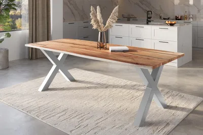 Produktbild von Refurbished Möbelretoure Baumkantentisch Akazie natur mit schwarzen Resin-Adern 260 x 100 cm X-Gestell silber POLLY