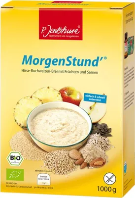 A product box for P. Jentschura MorgenStund' cereal, showing ingredients and a bowl of prepared cereal.