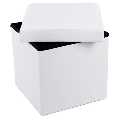 Produktbild von SONGMICS Sitzhocker aus Kunstleder und MDF faltbar bis 300 kg belastbar 38 x 38 x 38 cm Sitzwürfel mit Aufbewahrung Fußablage weiß LSF103