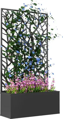 Produktbild von Außen Pflanzkübel - Metall-Pflanzkasten - Dekorativer Blatt-Sichtschutz/Rankgitter - Freistehend oder wandmontiert - 61 x 23 x 113 cm - Schwarz
