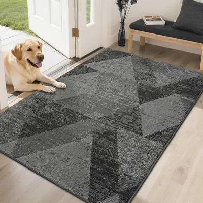 Obrázek produktu pro Podlahová rohož do interiéru, rozměry 80 x 120 cm, vzor karos, šedá barva, protiskluzová, savá, vhodná pro praní v pračce