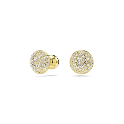 A pair of gold stud earrings with clear crystals, shown against a white background.