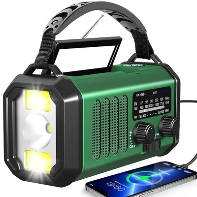 Produktbild von Notfallradio 10.000 mAh mit AM/FM/NOAA, Solar- und Handkurbel-Ladung, LED-Taschenlampe, Leselicht, SOS-Alarm und Powerbank