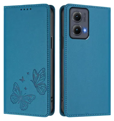Produktbild von Lederhülle für Motorola Edge 2024, Schmetterling Prägung Leder Brieftasche Schutzhülle mit Ständer Blau