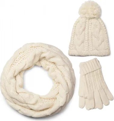 Produktbild von styleBREAKER Schal, Mütze und Handschuh Set, Zopfmuster Strickschal mit Bommelmütze und Handschuhe, Damen 01018208