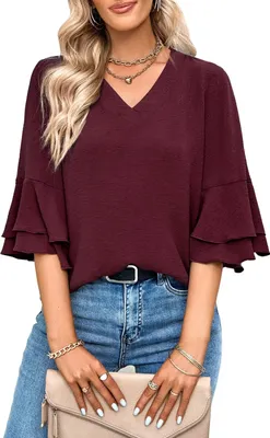 Produktbild von ASKSA Damen Bluse Rueschenaermel V-Ausschnitt Blusen Tunika Tops, Weinrot, XL