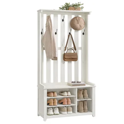 A white hall tree with a shoe bench and coat hooks, featuring a jacket, a handbag, a hat, and shoes.