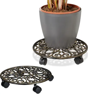 Zdjęcie produktu dla Wózek na rośliny Relaxdays, zestaw 2 sztuk, okrągły, styl antyczny, żeliwo, wys. x średnica: 7,5 x 34 cm, do użytku wewnątrz i na zewnątrz, wózek na kwiaty, kolor brązowy