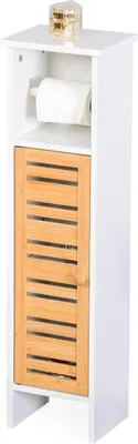 Produktbild von Relaxdays Toilettenpapierhalter stehend, Badezimmerregal 3 Ablagen, HBT 78x21x17 cm, MDF, Bambus, WC Schrank, weiß/natur