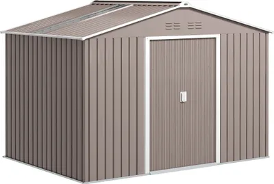 Obrázok produktu pre Outsunny Pozinkovaná oceľová búda na náradie 4,9m² 277x195x192cm búda na náradie so šikmou strechou, základmi, uzamykateľnými posuvnými dverami, záhradná búda odolná voči poveternostným vplyvom, vonkajšia záhradná búda na dvor svetlo sivá