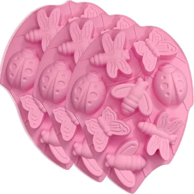 Immagine prodotto di 3 stampi in silicone per cioccolato, con 24 cavità a forma di insetto in 3D, colore rosa