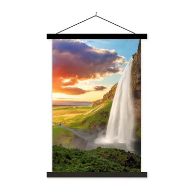 Produktbild von MuchoWow® Textilposter Wasserfall - Felsen - Sonnenuntergang - Berge - Orange 40x60 cm mit schwarzem Rahmen - Wanddekorationen