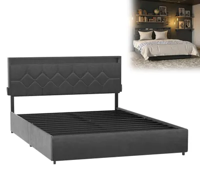 Obrázek produktu pro XMTECH čalouněná postel 140 x 200 cm s úložným prostorem, postel se 4 zásuvkami, velurová postel s úložným prostorem, čelo dvojlůžka s úložným prostorem, tmavě šedá