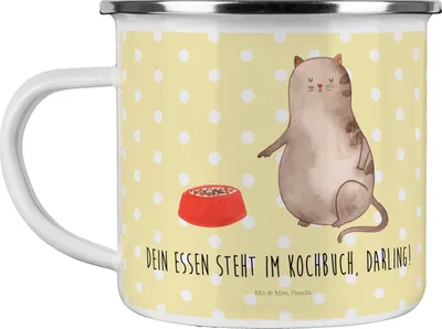 Produktbild von Mr. & Mrs. Panda Emaille Tasse Katze Fressen - Gelb Pastell - Geschenk, Teetasse, Motivtasse, Pott, becher, Haferl