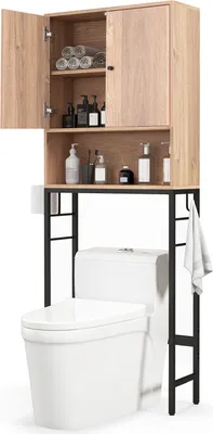 Obrázok produktu pre COSTWAY Voľne stojaca WC skrinka, WC polica s 2 dvierkami a 2 háčikmi, Kúpeľňová polica s nastaviteľnou policou Nadkúpeľňová skrinka Polica na práčku, 63 x 23 x 165,5 cm Prírodná farba