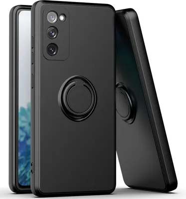 A black phone case with a ring holder is shown against a white background. Another phone case is placed diagonally behind it.