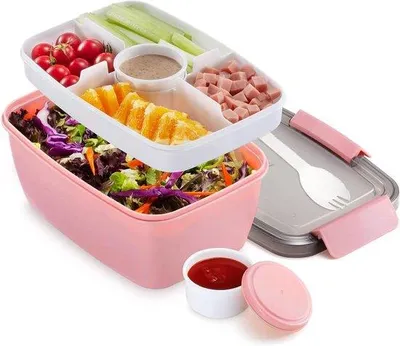 Produktbild von Damen-Lunchbox mit 2 Platten und unterteilten Fächern - Salatbox zum Mitnehmen, umweltfreundlich und leckstestet, BPA-frei mit Besteck - Ideal für Büro und Picknick (Pink)