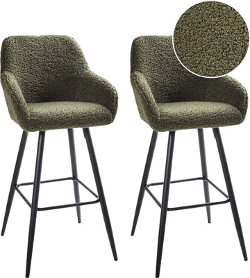 Produktbild von BELIANI Barstuhl 2er Set Dunkelgrün Bouclé mit Lehne Armlehnen Fußstützen Modern Retro Design Sitzmöbel Wohnzommer Küche Bar Wohnküche Ausstattung
