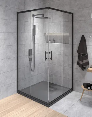 Produktbild von Kabina prysznicowa natryskowa kwadratowa czarna 90x90x190 cm, drzwi rozsuwane, przezroczyste szkło hartowane 6 mm, metalowe uchwyty | BADLAND HELA