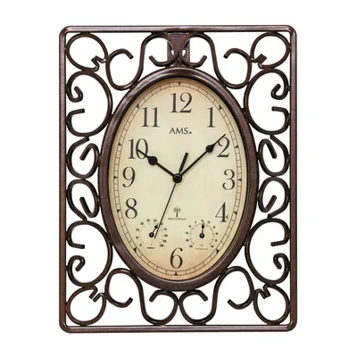 A wall clock with a decorative metal frame and an oval clock face displaying time, temperature, and humidity.