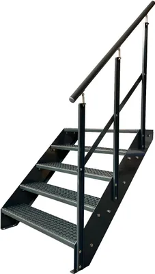 A metal staircase with a handrail against a white background.
