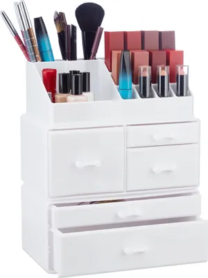 Produktbild von Relaxdays Make Up Organizer mit 21 Fächern, Kosmetik Tower für Lippenstift, Nagellack, Schminke, Acryl Make Up Box, weiß