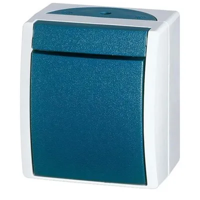 A product shot of a teal and white electrical switch.