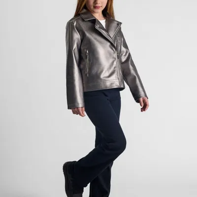 Produktbild von Minoti Bomberjacke Kunstleder Silber metallic für Mädchen - Bikerjacke mit Reißverschluss und Polyester-Futter