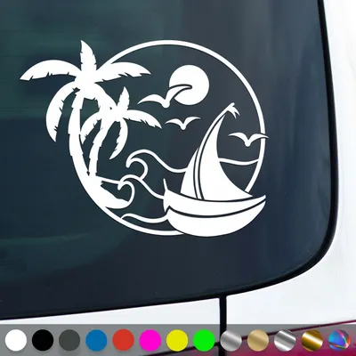Produktbild von PantherPixel Sonne Strand Aufkleber Palmen Urlaub Reisen Segelboot Sticker Auto Geschenkidee Farbe Weiss