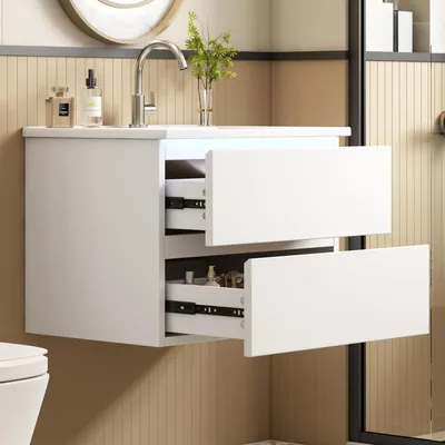 Image de Meuble de salle de bains suspendu, 61 cm, blanc, lavabo en céramique, capteur radar LED, 2 tiroirs silencieux, entièrement laqué, design compact