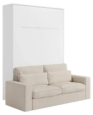 Produktbild von Schrankbett 160 x 200 cm – Manuelle vertikale Öffnung – Mit LED-Beleuchtung – Weiß + Sofa – RAPILI