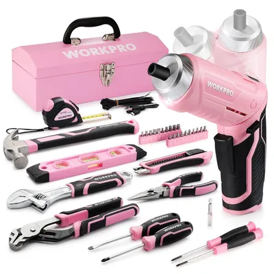 Productafbeelding van Gereedschapset, 73-delig, roze, met kleine accuschroefboormachine, metalen gereedschapskist voor huishoudelijke reparaties