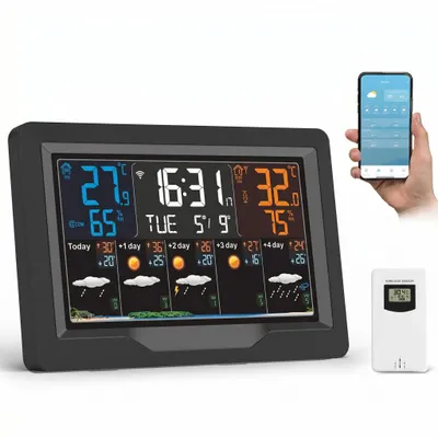 Produktbild von Wlan Wetterstation Funk mit Außensensor, Wifi Funkwetterstation mit APP, 5-Tage Wettervorhersage,Temperatur,Luftfeuchtigkeit,UV-Index,Uhrzeit