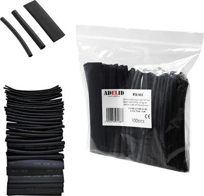 A collection of black heat shrink tubing is displayed, with some individual pieces shown separately and a larger quantity packaged in a clear plastic bag.