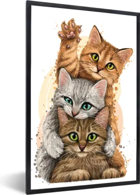Produktbild von MuchoWow® Gerahmtes Poster Katzen - Illustration - Haustiere - Katze 20x30 cm - Poster mit Schwarzem Bilderrahmen Wandposter Rahmen Foto Bilder - Drucken - Bilder Poster im Rahmen
