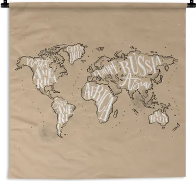 Produktbild von MuchoWow® Wandteppich Wandbehang Weltkarte - Braun - Weiß - Buchstaben 90x90 cm Tapisserie Dekoration Wandtuch - Wandaufhänger