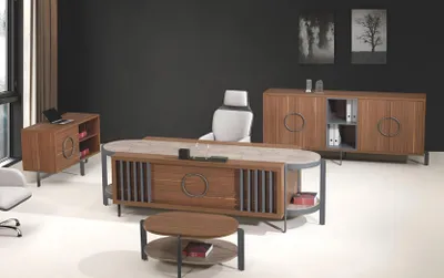 Produktbild von Bürotisch Gruppe Büro Schreibtisch Set 4tlg Holz Braun Kommode Groß